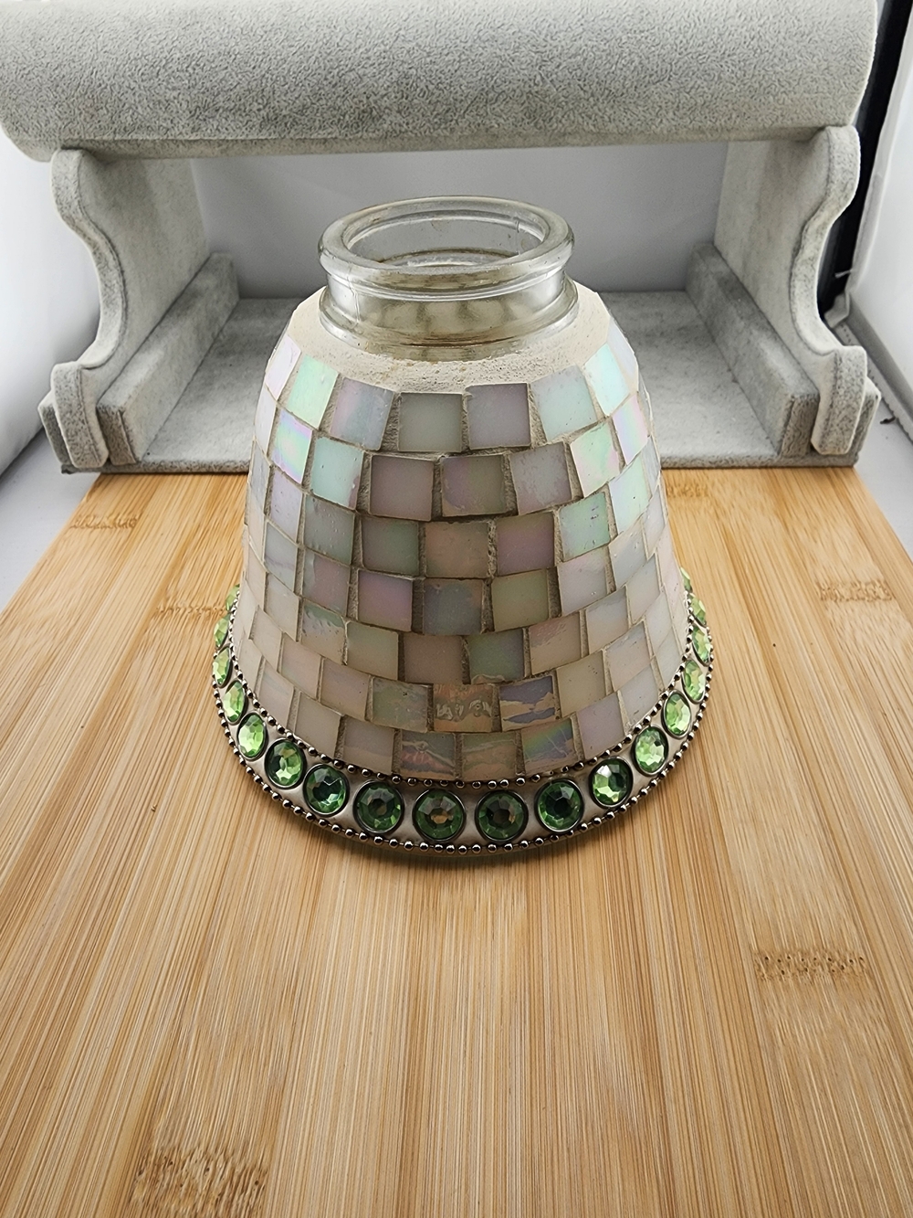 Iridescent Mosaic Glass Shade with Green Gem Trim